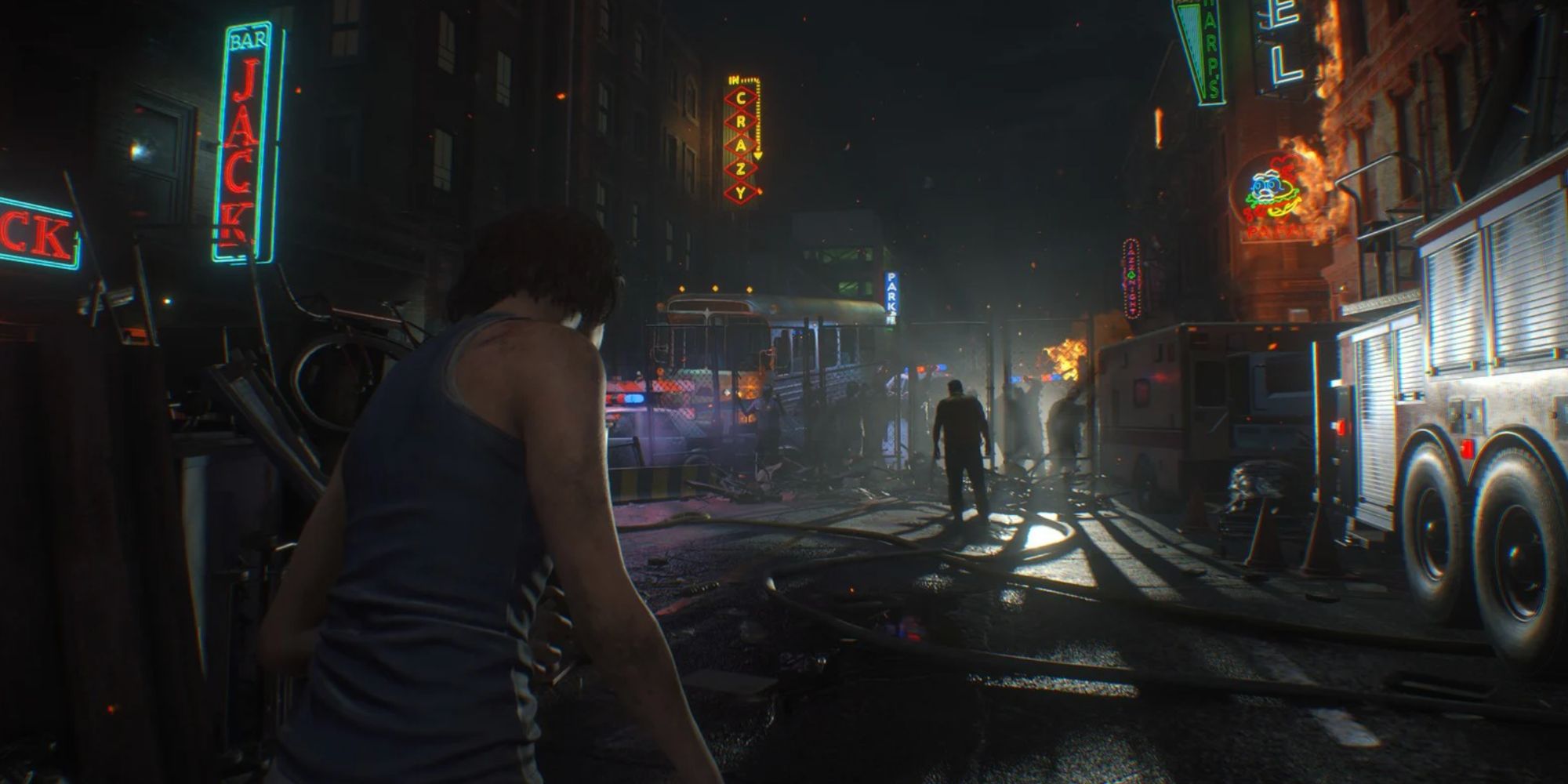 Jill runs downtown as zombies stand ahead.