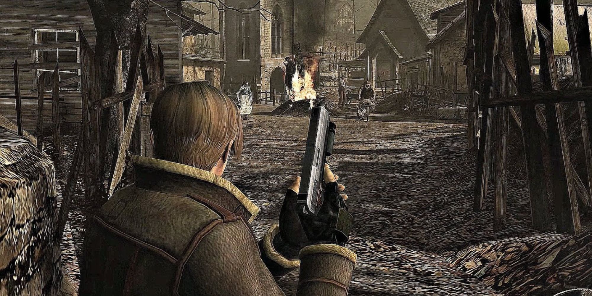 Resident Evil 4 - Leon watches as the body of a police officer is burned in the middle of the village
