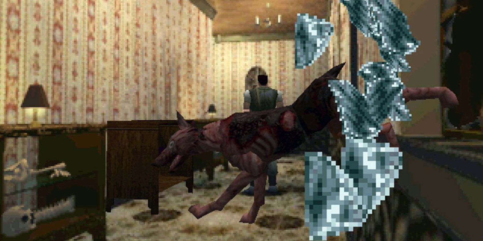 A dog bursts through a window in Resident Evil 1