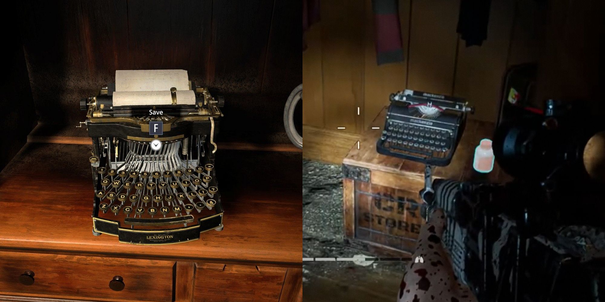 Resident Evil, Back 4 Blood split image. Both photos are of typewriters.
