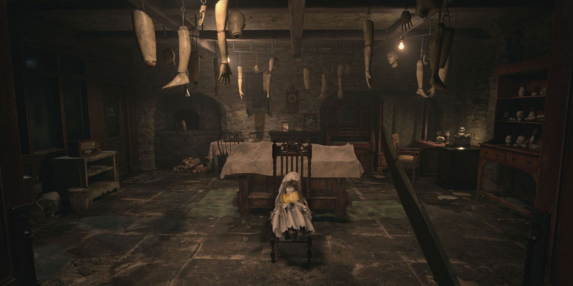 A creepy doll sits in the chair in House Beneviento's basement.