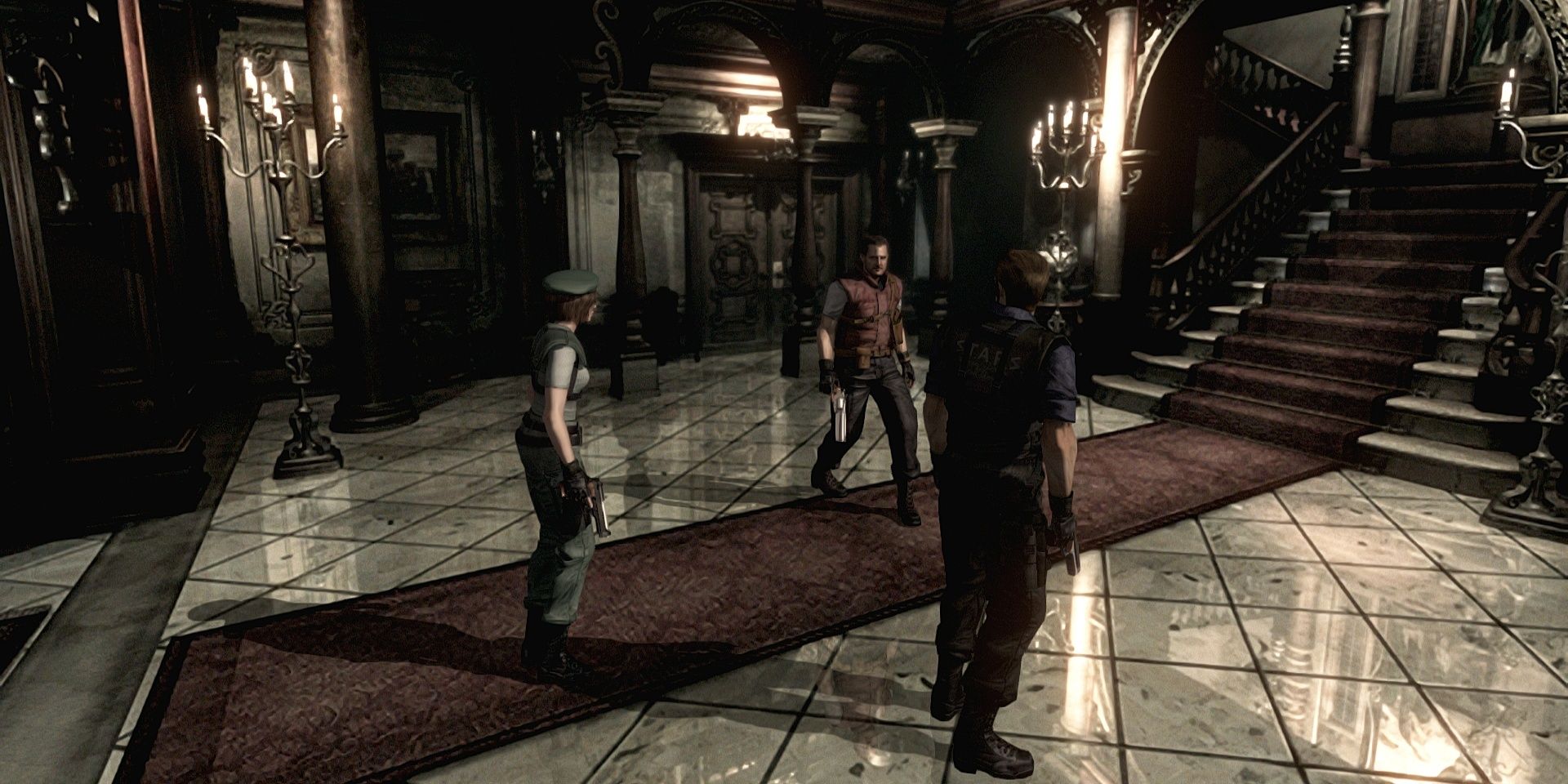 Resident Evil Jill, Barry and Wesker in the Spencer Mansion