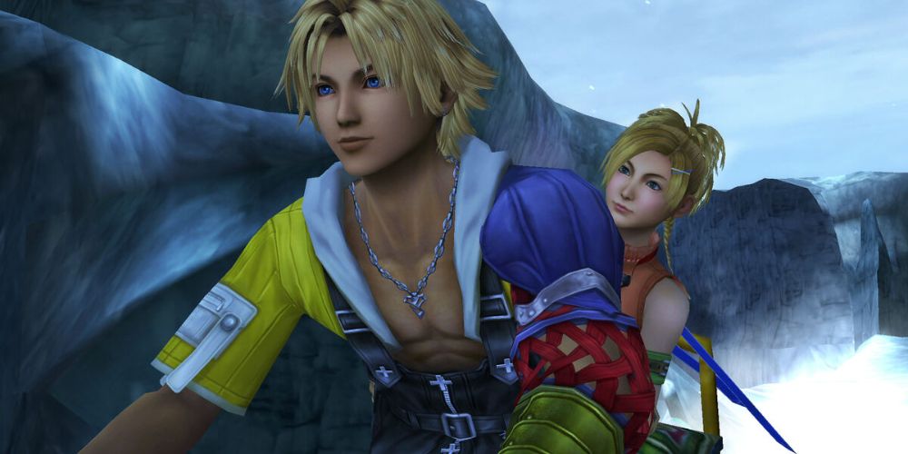 Rikku rides the snowmobile with Tidus in Final Fantasy 10 