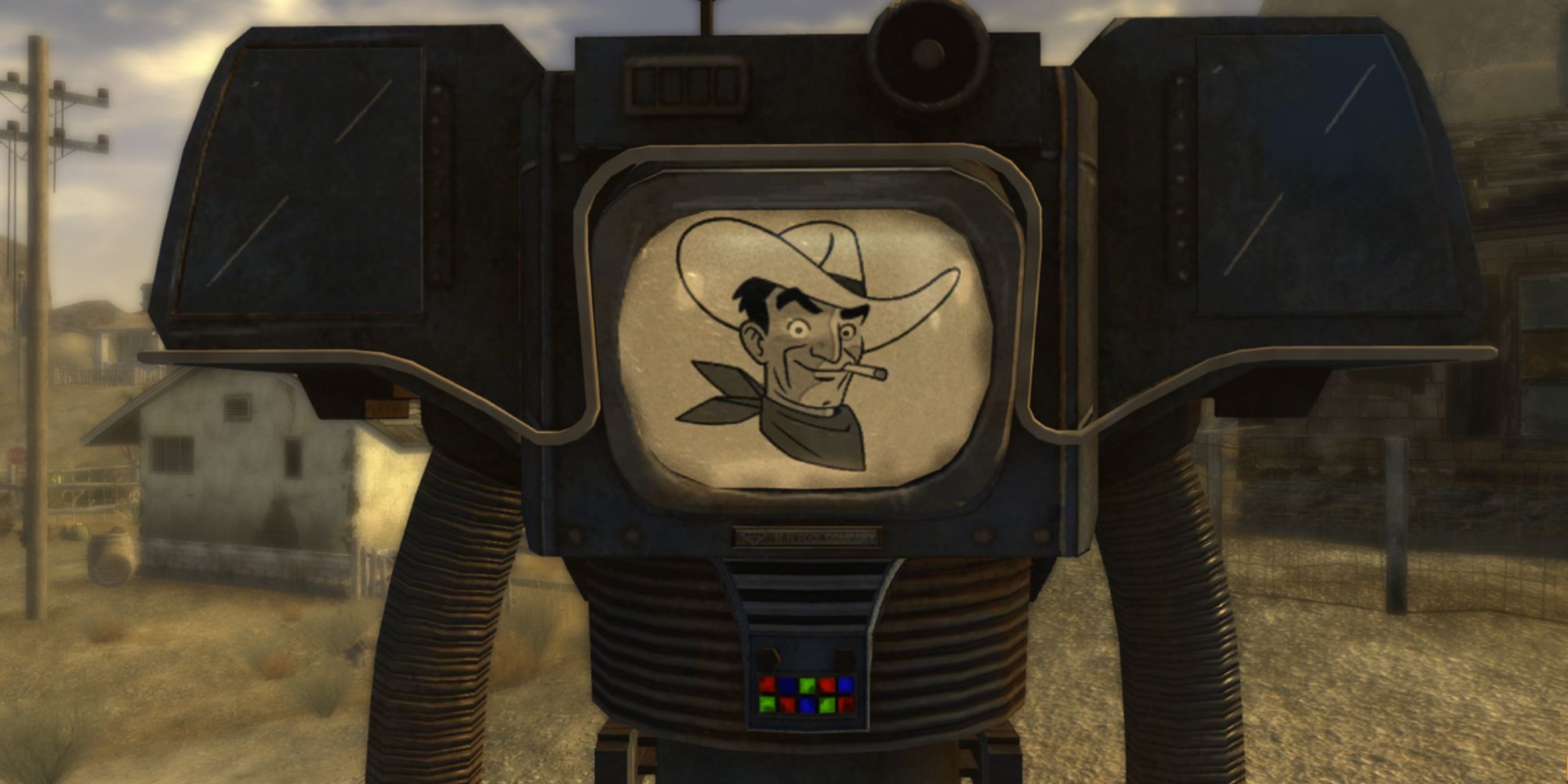 Robots In Video Games a close up of the securitron Victor from Fallout New Vegas standing on a sand-covered road with a picture of a cowboy on the large screen at the top of its body