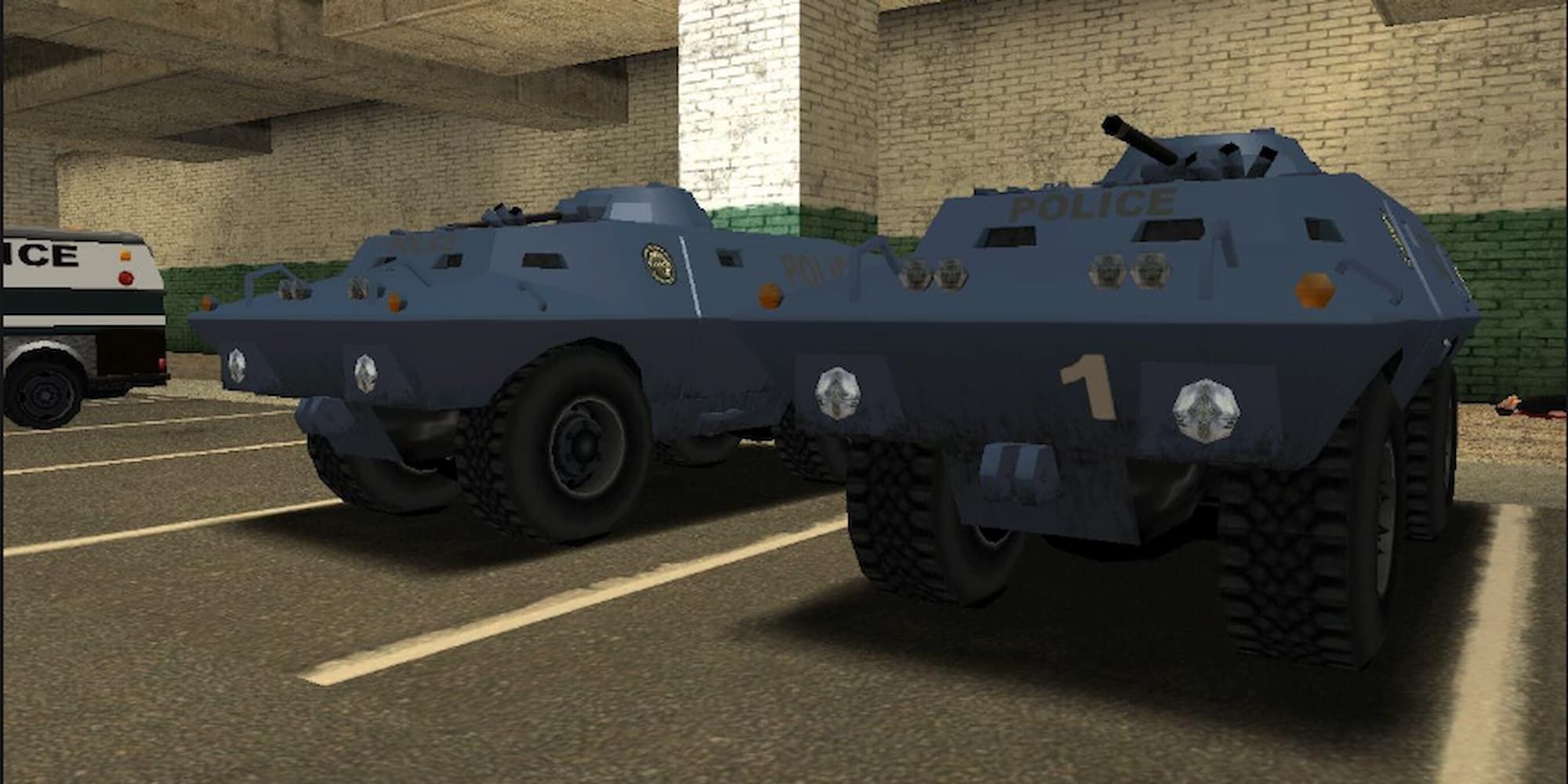 A SWAT tank in the Los Santos Impound Lot in GTA SA