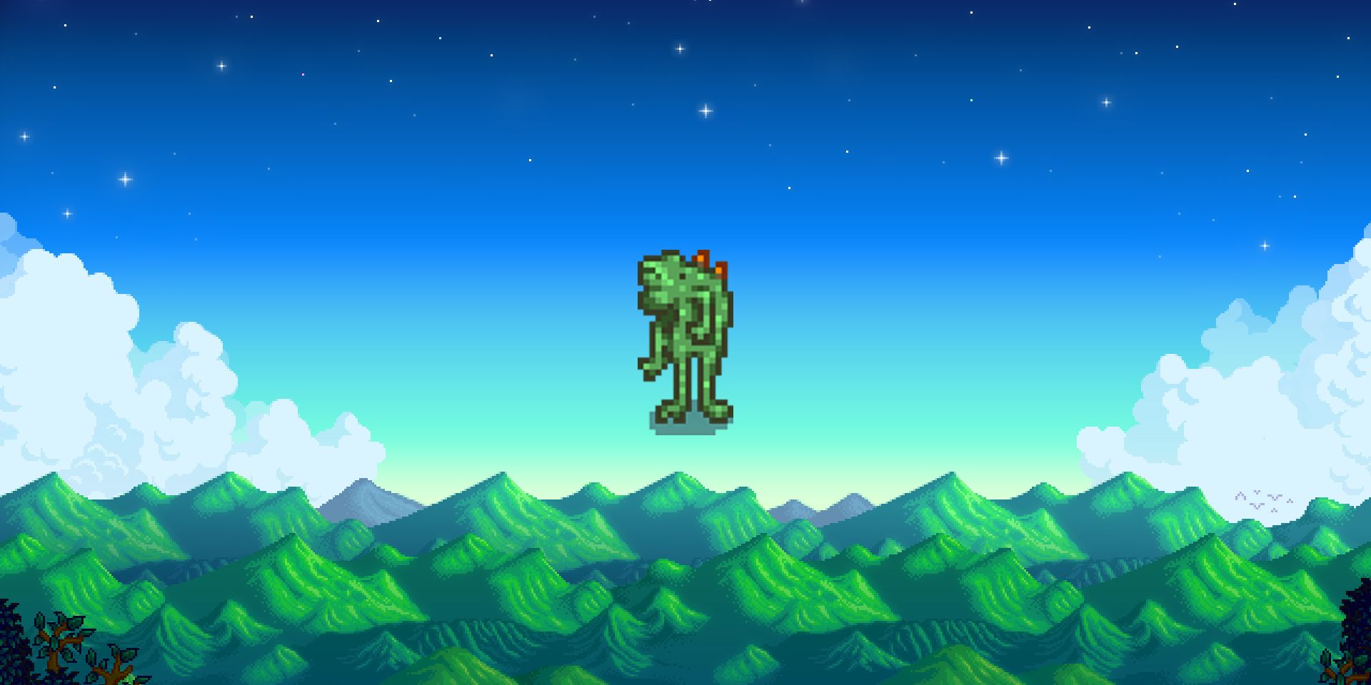 Stardew Valley Foroguemon Statue on the background of the mountain