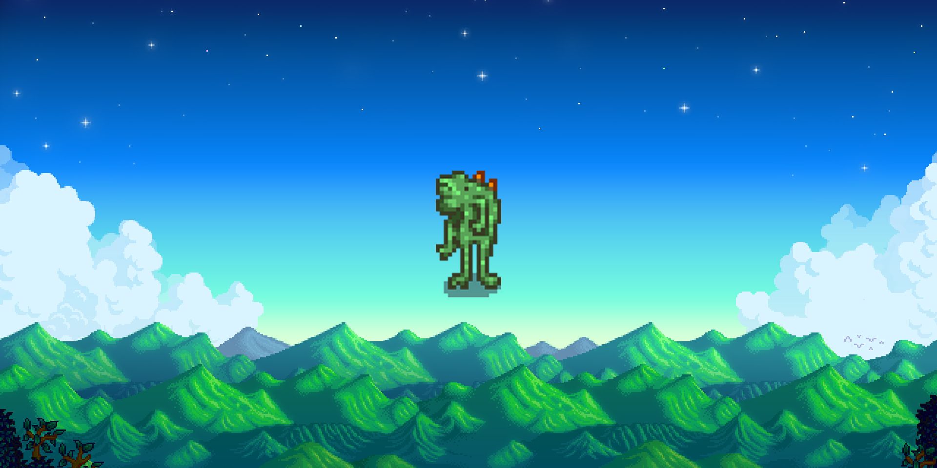 Stardew Valley Foroguemon Statue on mountain background