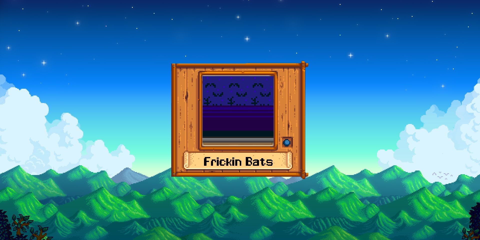 Picture of purple wallpaper with a gradient and black bats, with the Stardew Valley mountains in the background