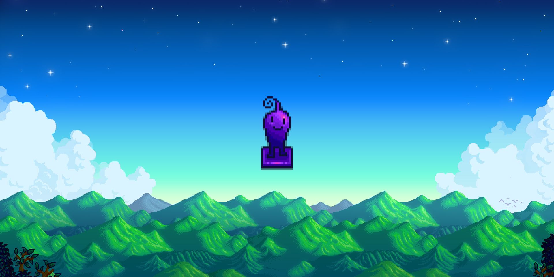 Stardew Valley Iridium Krobus Statue on mountain background