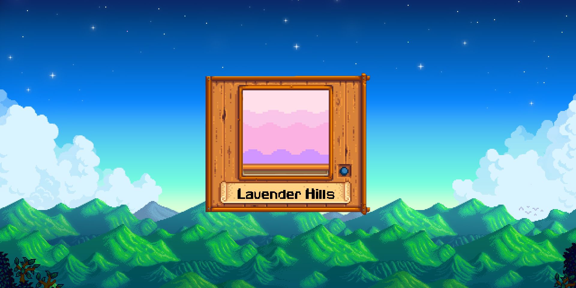 Picture of wallpaper with a wavy purple to pink gradient, with the Stardew Valley mountains in the background