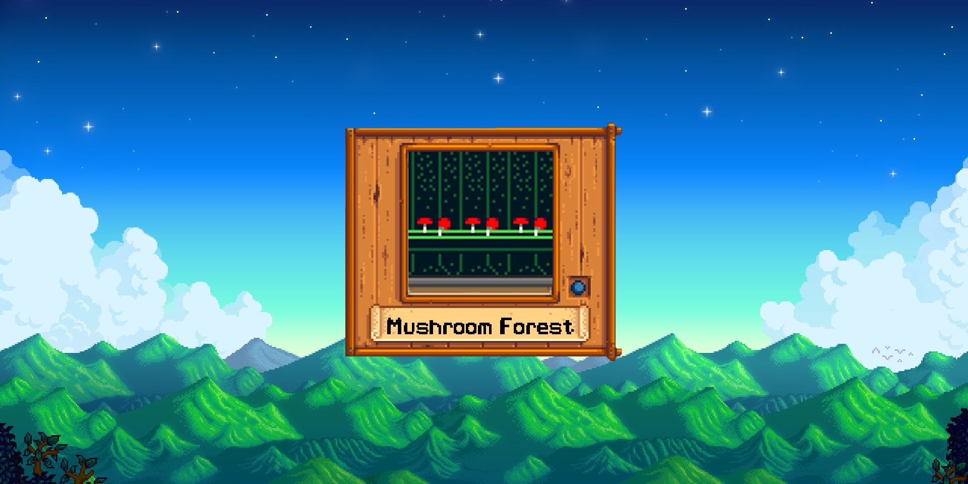 Picture of black wallpapers with red mushrooms and a tree pattern, with the Stardew Valley mountains in the background