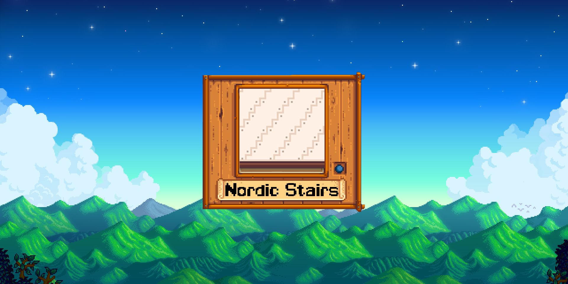 Picture of a Nordic-style wallpaper in front of the Stardew Valley mountains backdrop