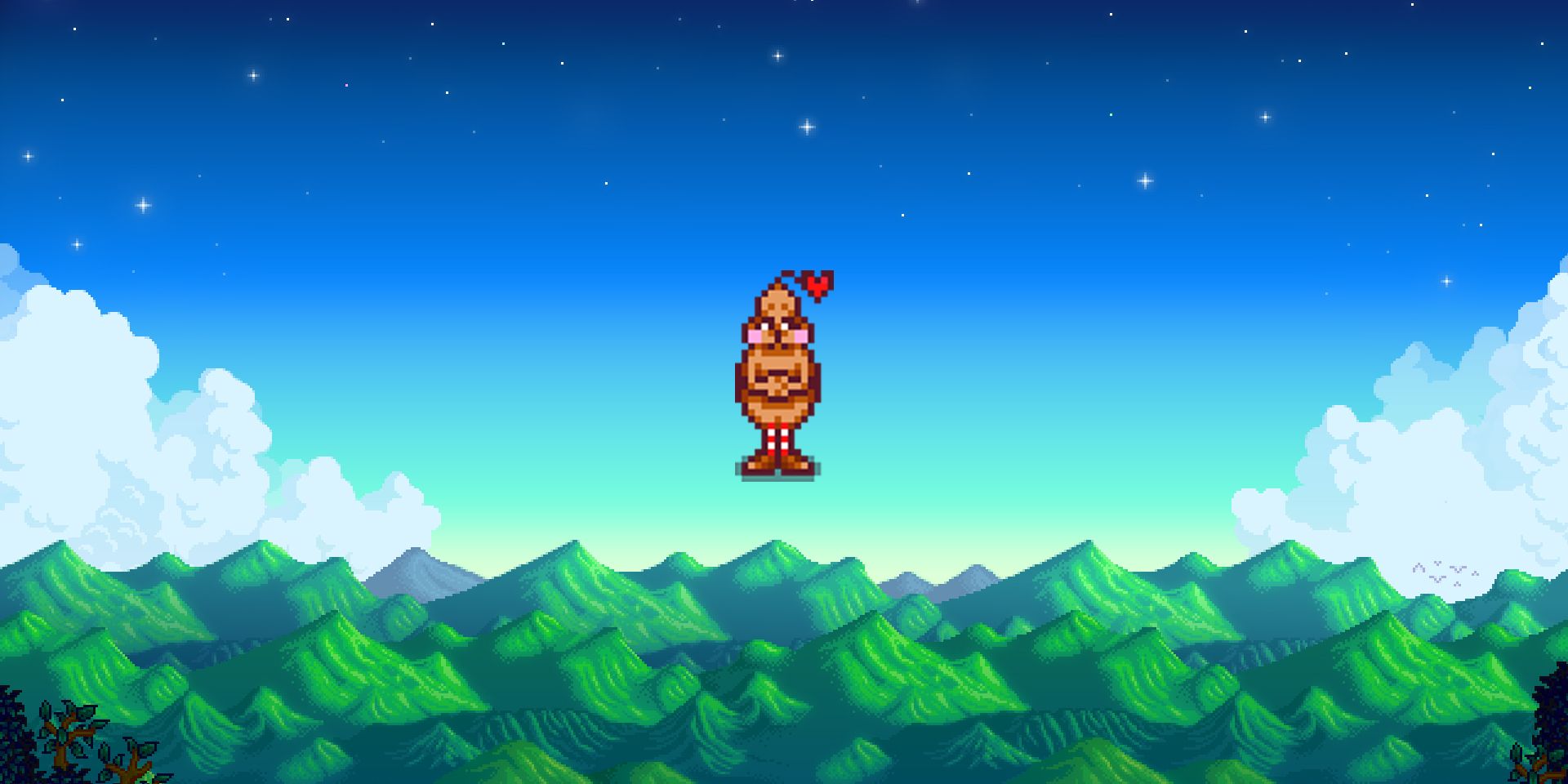 Stardew Valley pink lemon statue on a mountain background