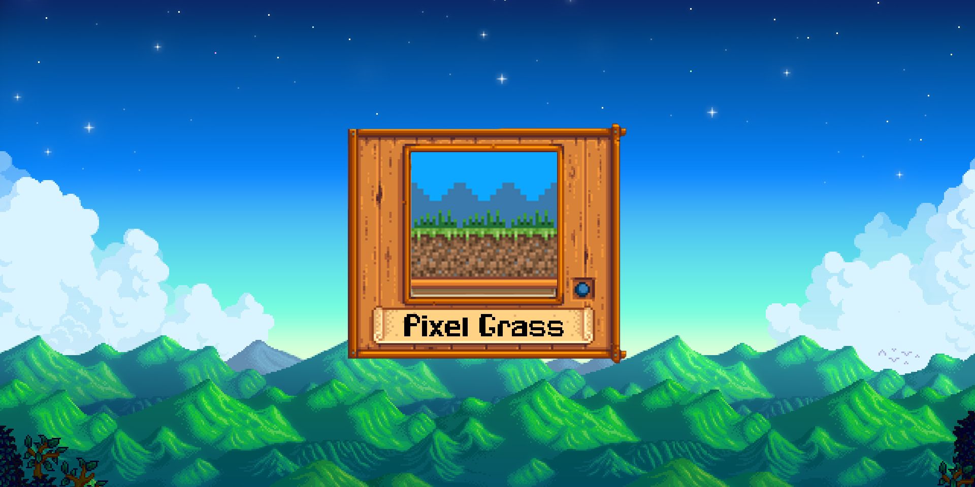 Picture of wallpaper with pixel style dirt blocks covered in grass below blue mountains, with Stardew Valley mountains in the background