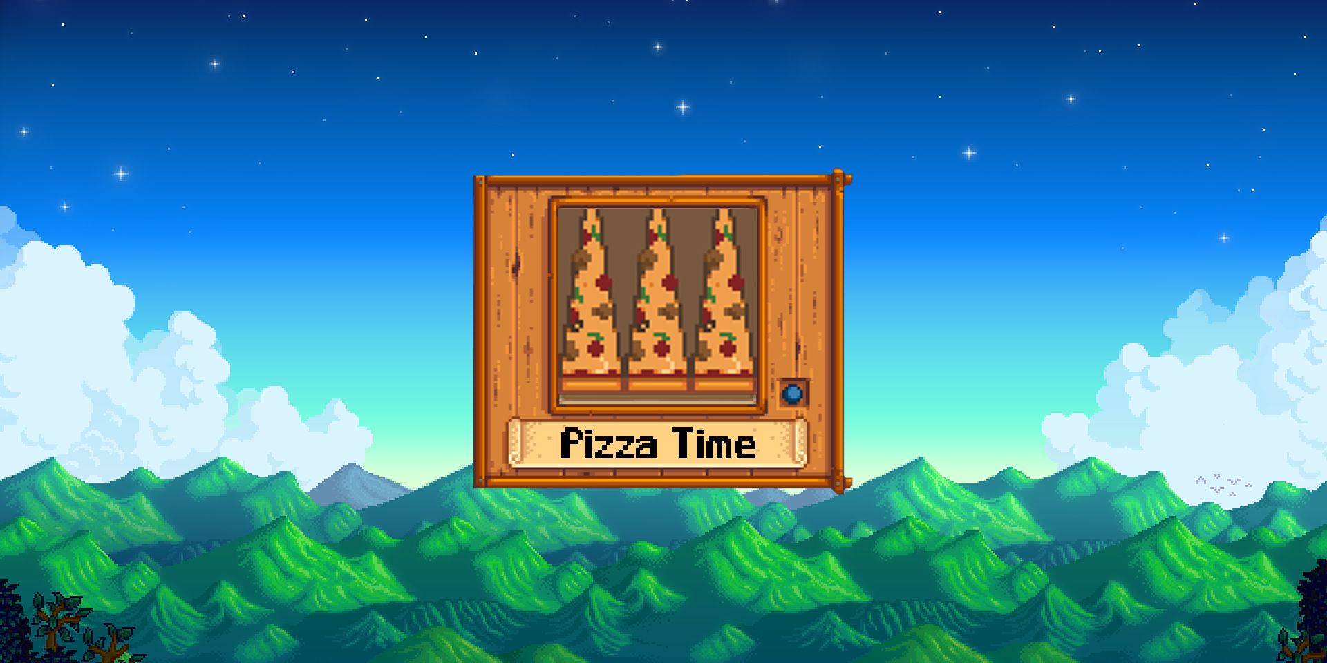 Picture of brown wallpaper with a pizza slice pattern, with the Stardew Valley mountains in the background