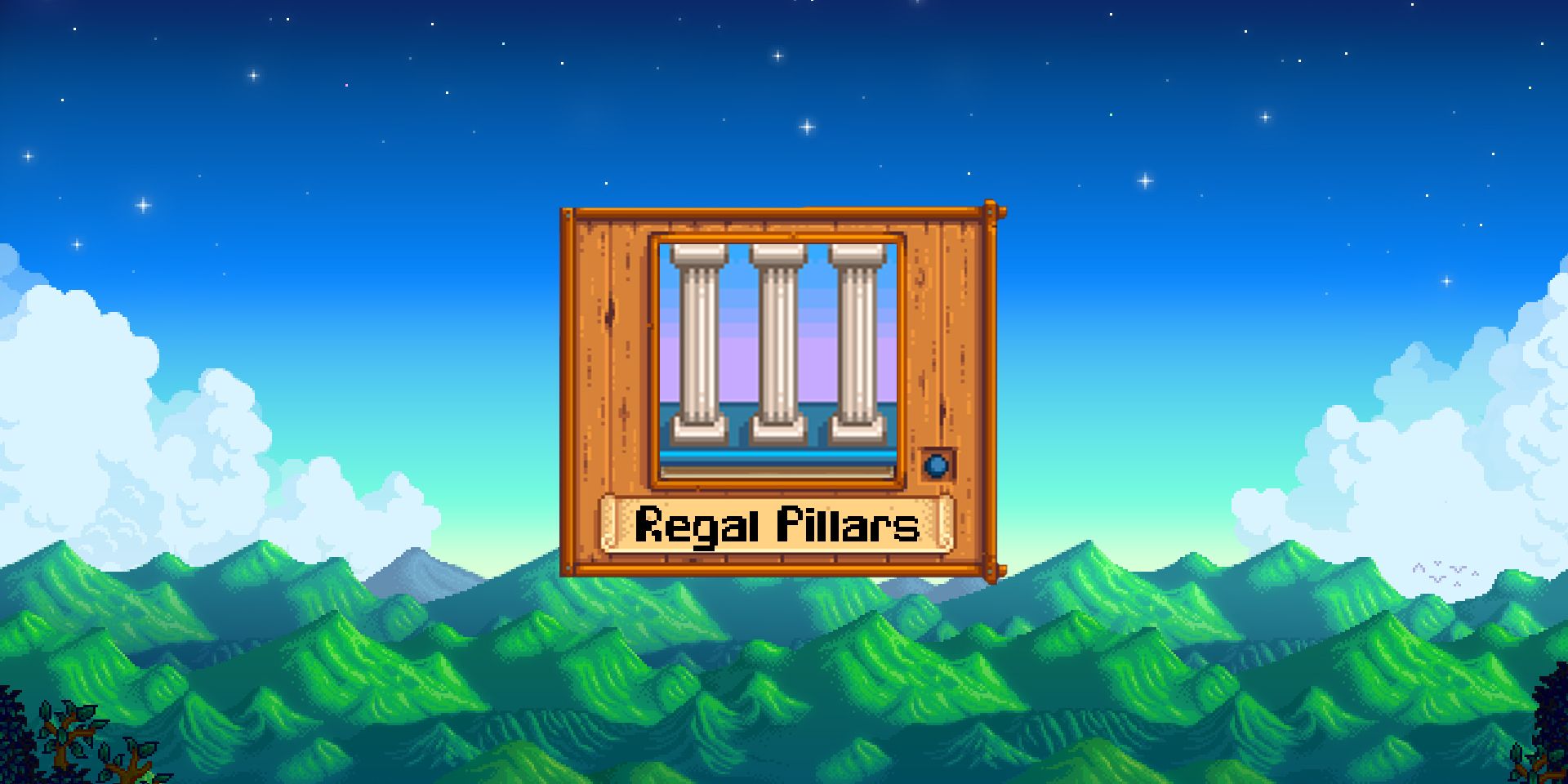 Picture of wallpapers with white marble pillars and a purple and blue gradient behind, with the Stardew Valley mountains in the background