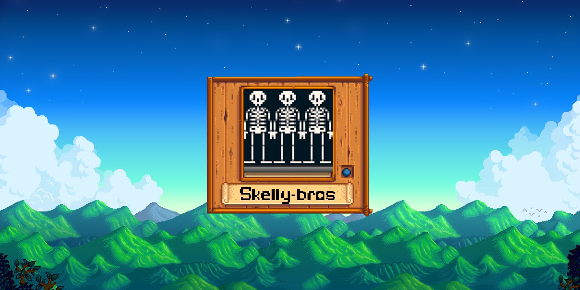 Picture of black wallpaper with white skeletons, with Stardew Valley mountains in the background