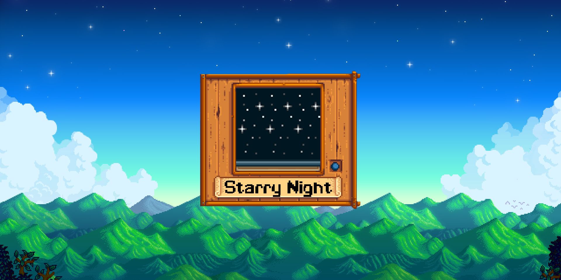 Picture of a black night sky wallpaper with white stars, with the Stardew Valley mountains in the background