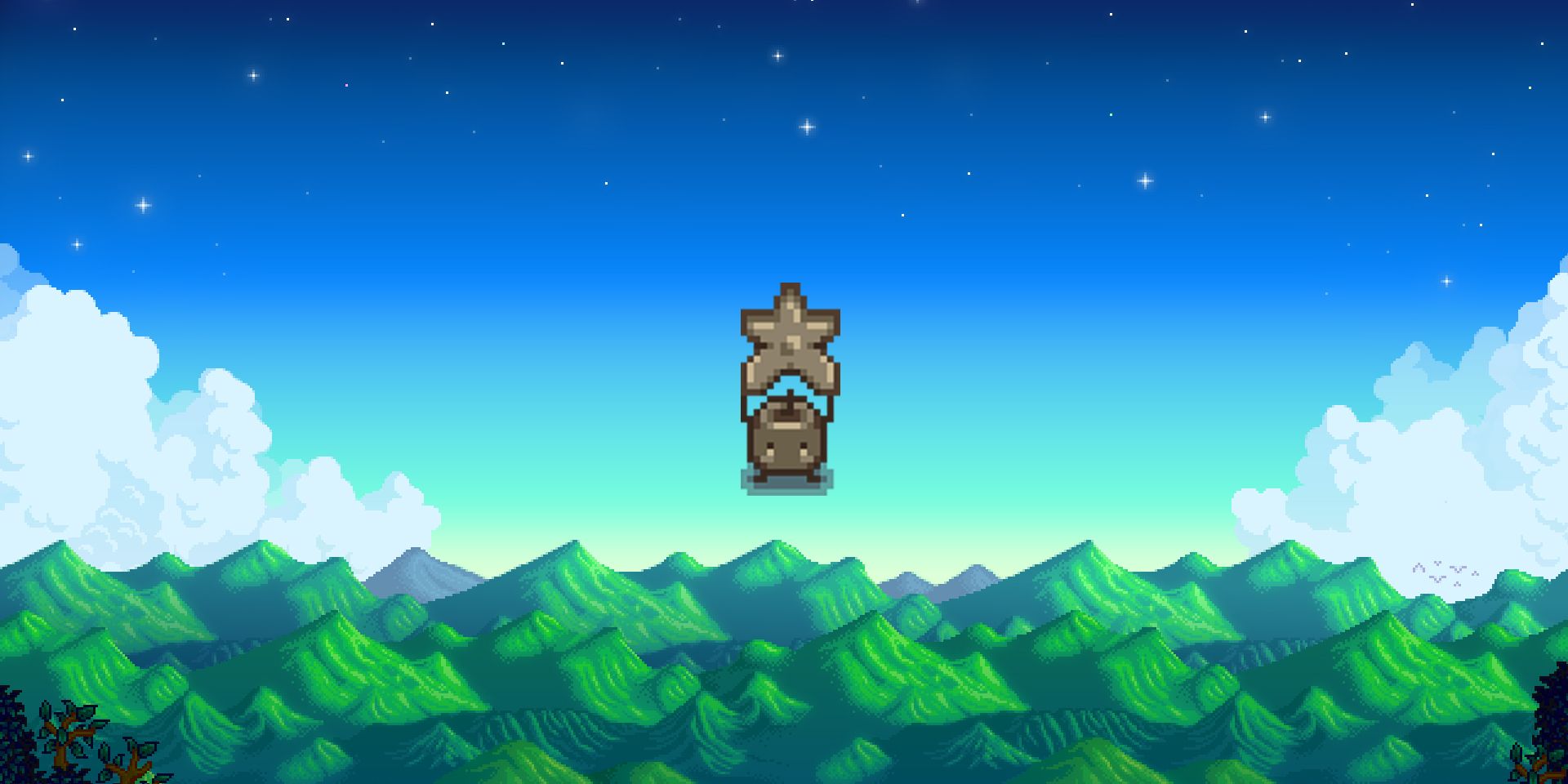 Stardew Valley Stone Junimo Statue on the background of the mountain