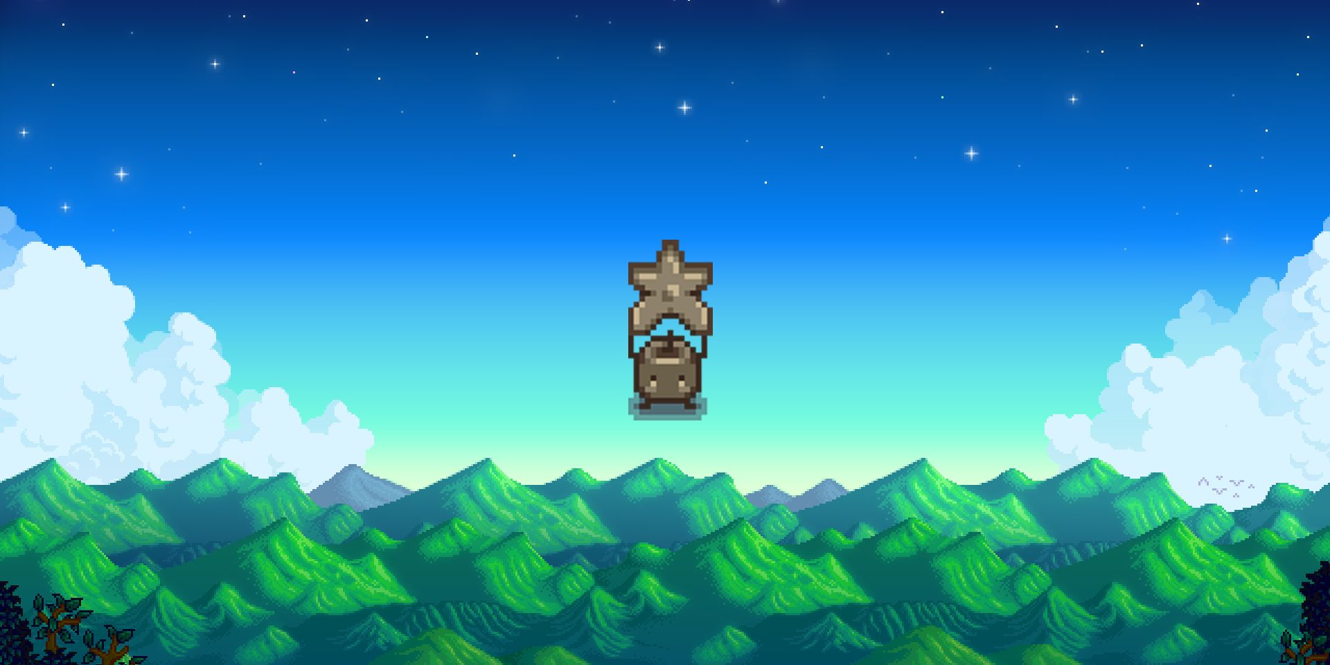 Stardew Valley Stone Junimo Statue on mountain background