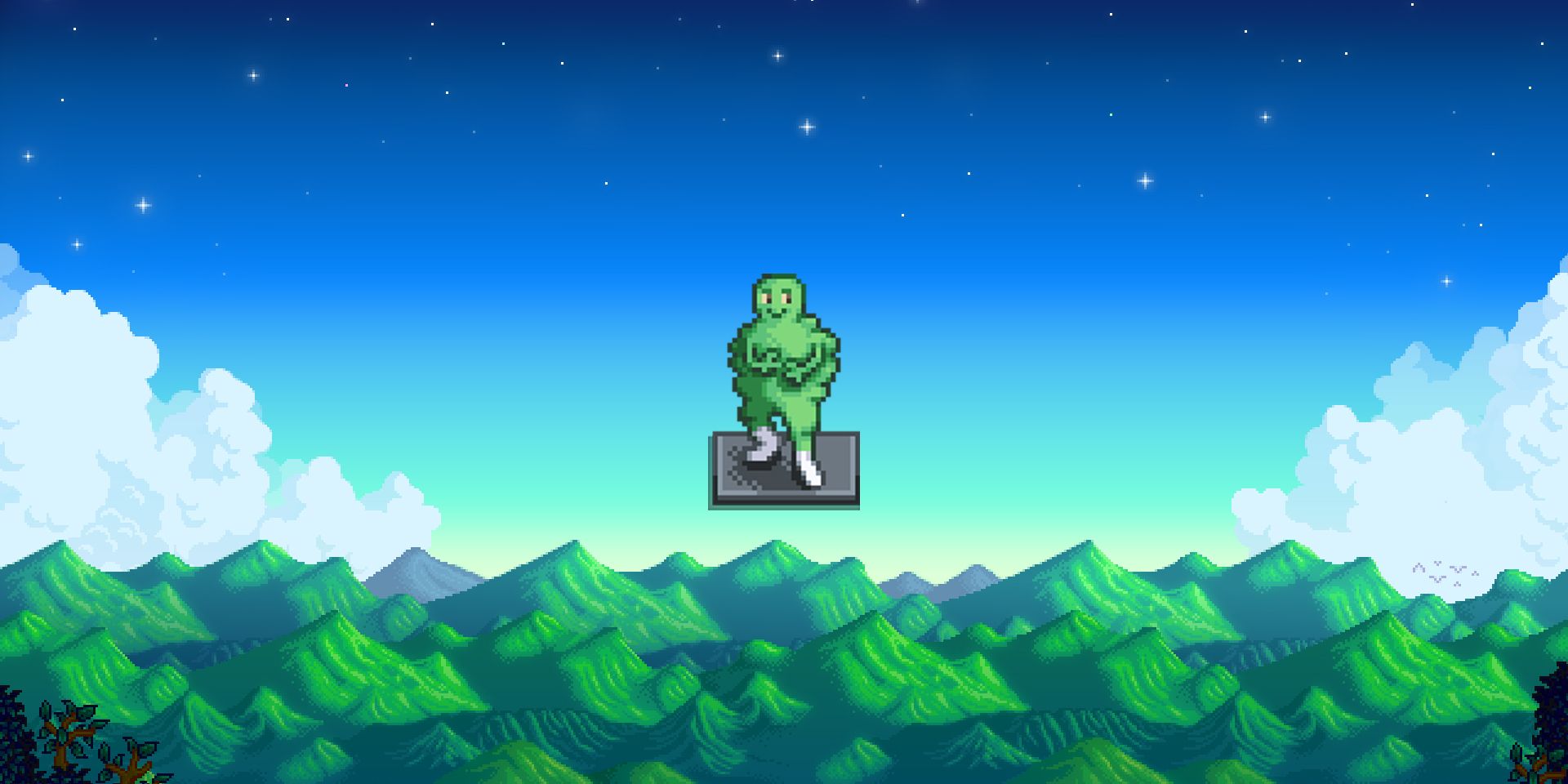 Stardew Valley Wumbus Statue on a mountain background