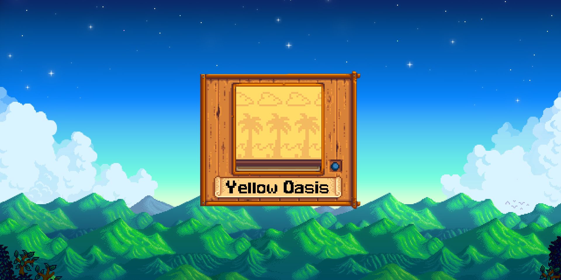 Picture of yellow wallpaper with palm trees and ocean waves, with the Stardew Valley mountains in the background