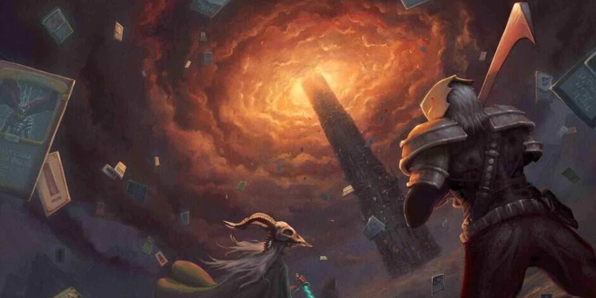 Slay The Spire official video game artwork knight with weapon tower looming in background