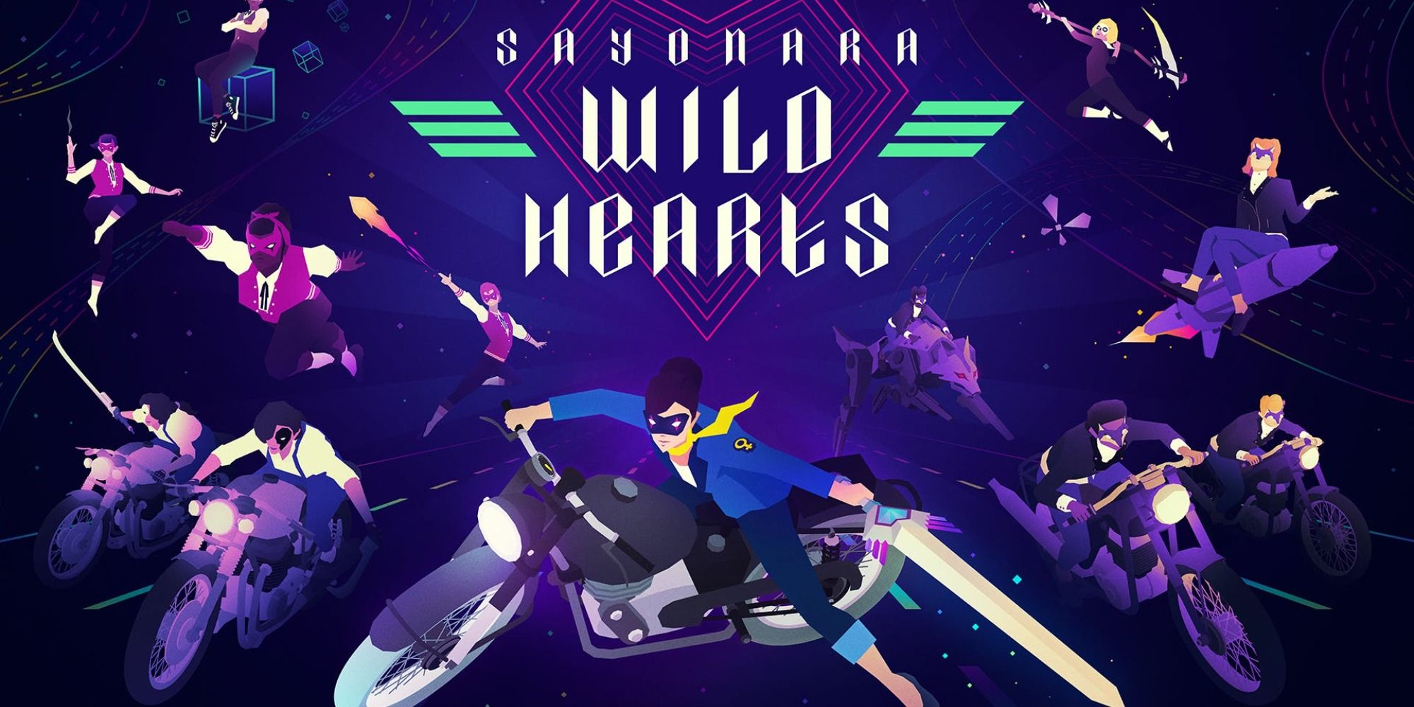 Sayonara Wild Hearts header with five motorcycles and cyclists on bottomwith several masked character above, with blue background