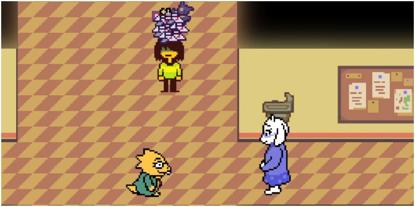 Scene from Deltarune Chapter 2 With Kris Holding the Trash Orb, Featuring Alphys and Toriel