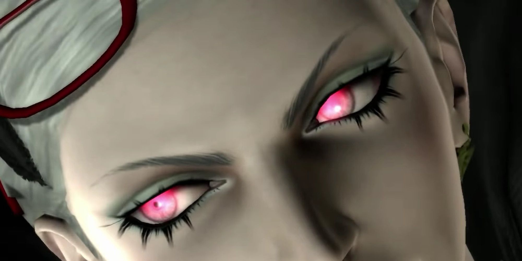 Jeanne's eyes glowing red using telekinesis in Bayonetta