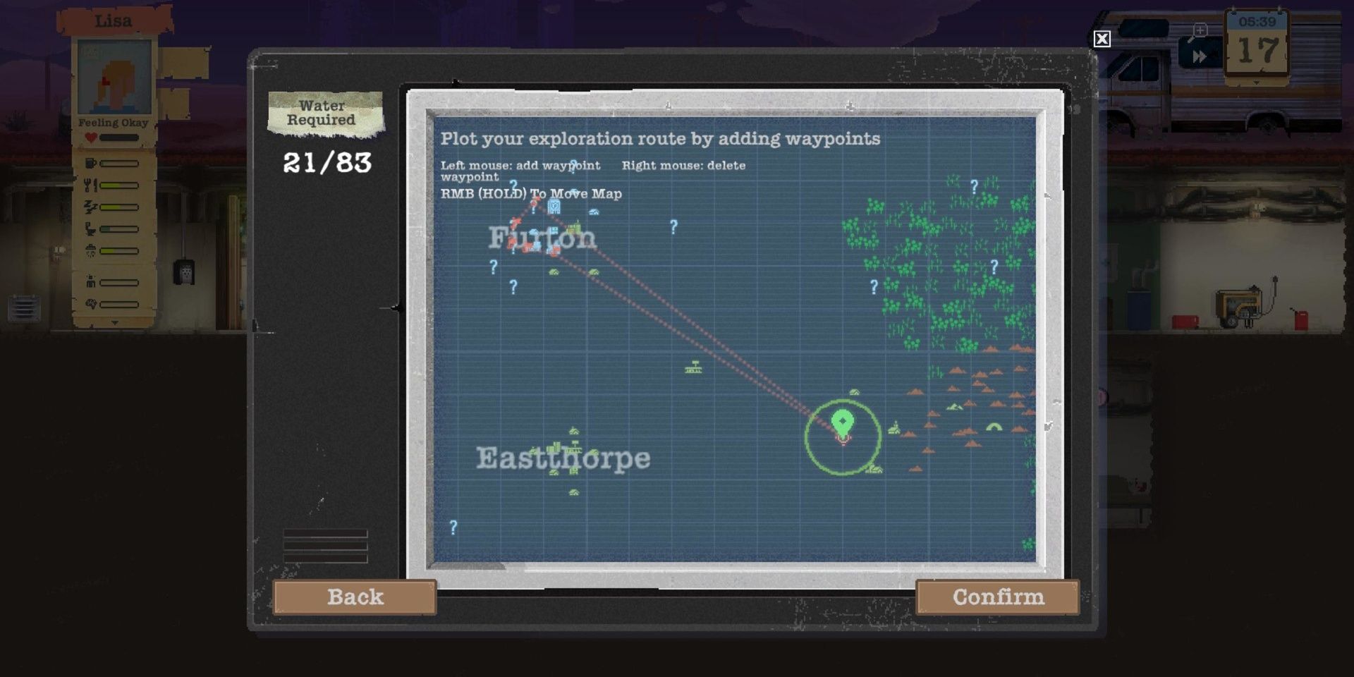 A player planning expeditions in Sheltered.