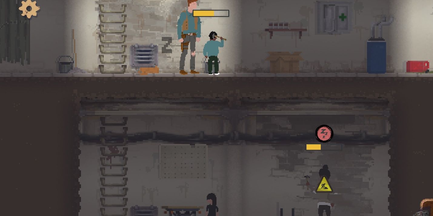 A struggling family repairing the walls in Sheltered. 