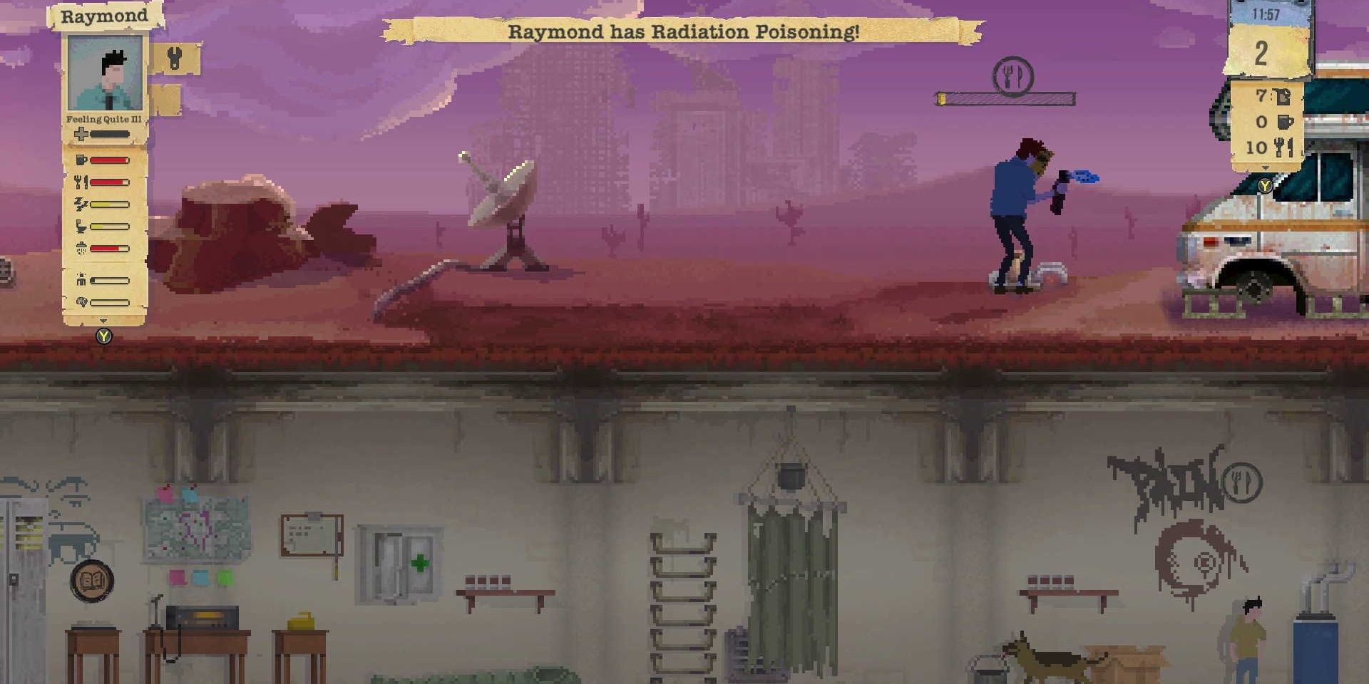 A character getting radiation poisoning in Sheltered.