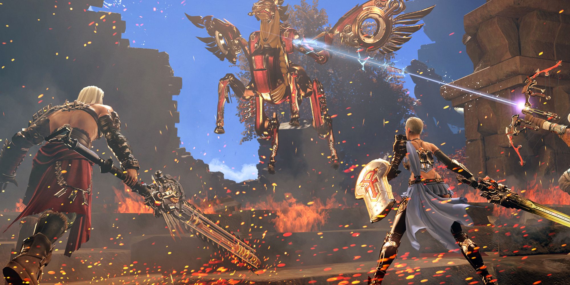 Skyforge, characters fighting a giant creature. 