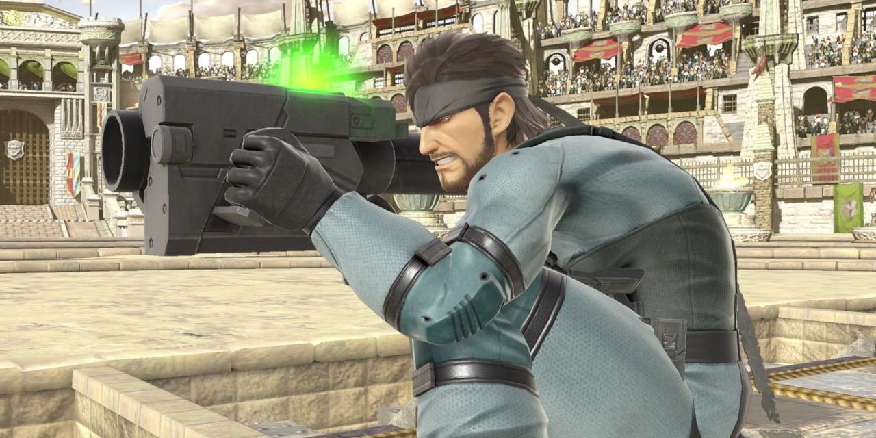 Smash Ultimate Snake aiming a rocket launcher while grimacing and crouched