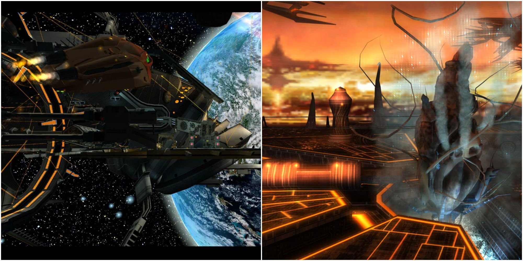 Split image Screenshots of the Space Pirate Frigate traveling through space and the surface of their Homeworld from Metroid Prime