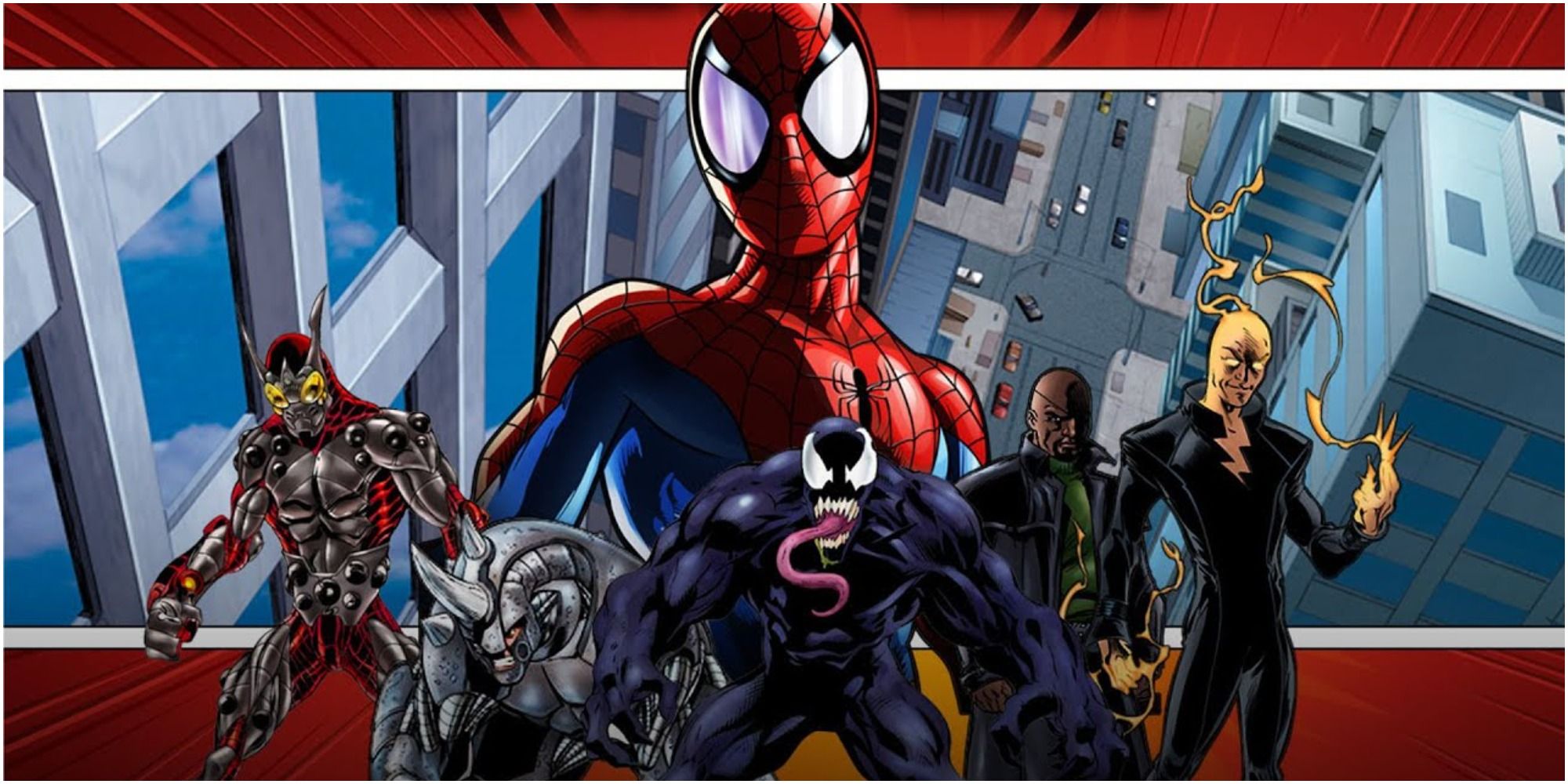Spider-Man with Beetle, Rhino, Venom, Nick Fury and Electro from the Ultimate Spider-Man game