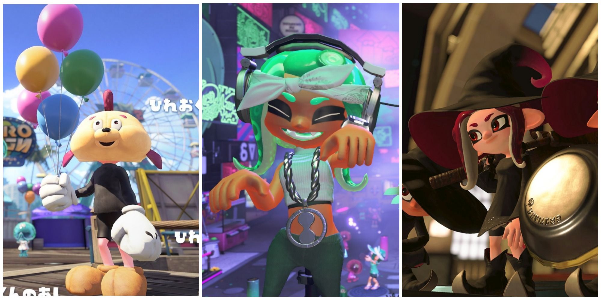 Split image of Fresh Fish costume, Marina costume, and a witch costume worn by Inklings in Splatoon 2