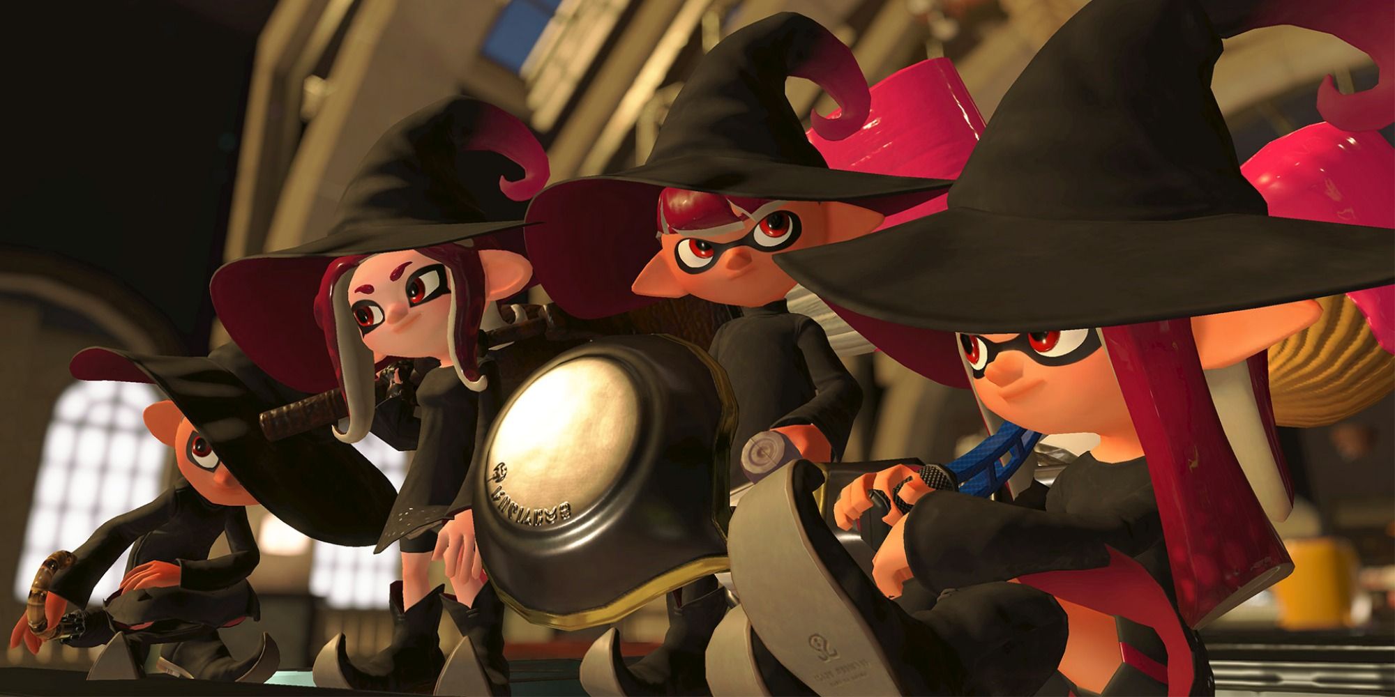 Four Inklings pose before battle wearing the Enchanted Robe and Hat, appearing very witchy
