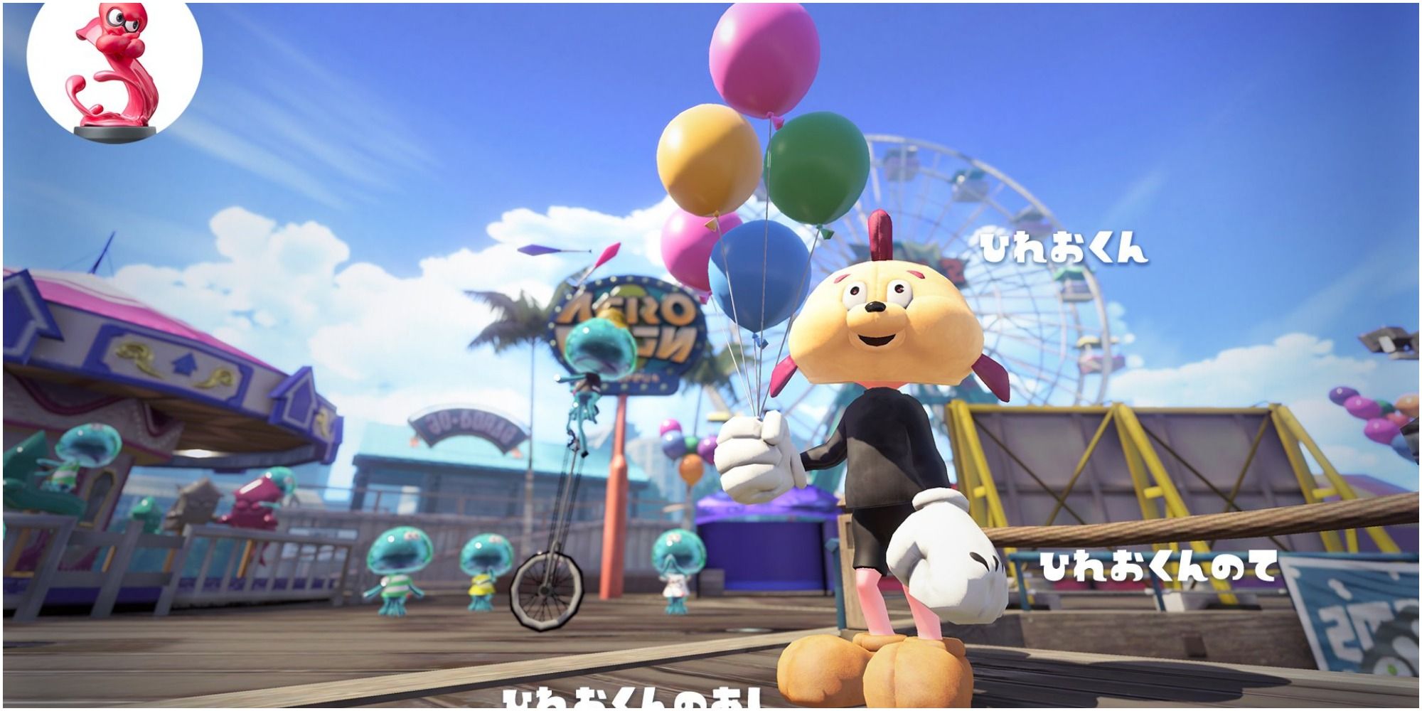 Inkling wearing Fresh Fish Costume appearing as a creepy Mickey Mouse stands on pier holding balloons