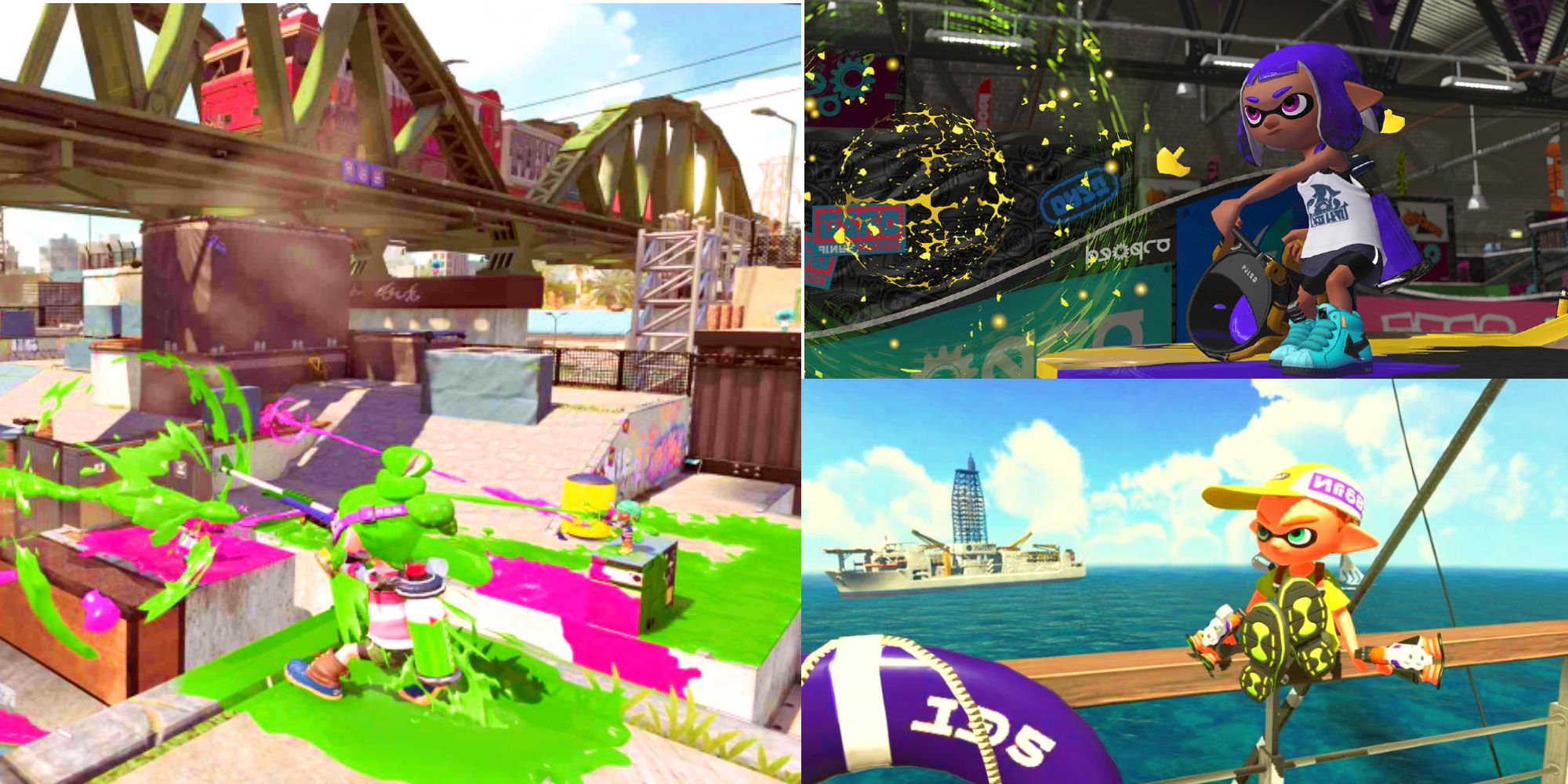 Splatoon 2 split image of four different stages: a bridge, a stadium, an industrial area and a pier above the ocean. Inkling feature heavily in each, firing weapons at each other or relaxing.