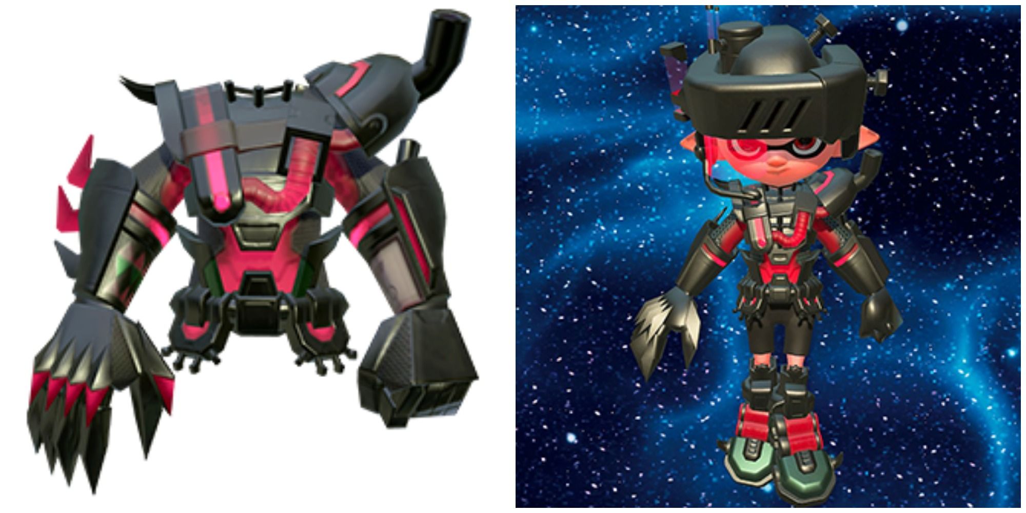 Split image of Mecha Body clothing from Splatoon 2, and an Inkling Boy wearing Mecha Body clothing and helmet with a space background