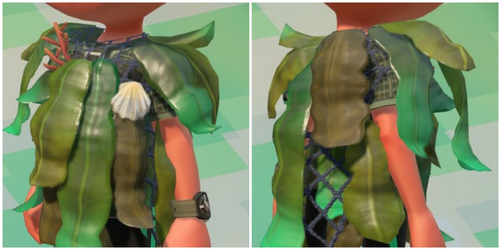 Split image of front and back Moist Ghilllie Suit, a shirt made of seaweed and netting