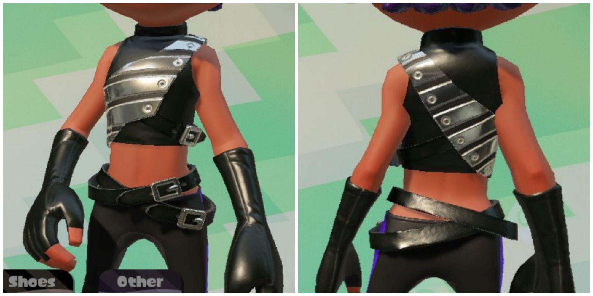 Split image of front and back of Neo Ocotling Armor, with silver plating and leather straps across the Inkling's waist