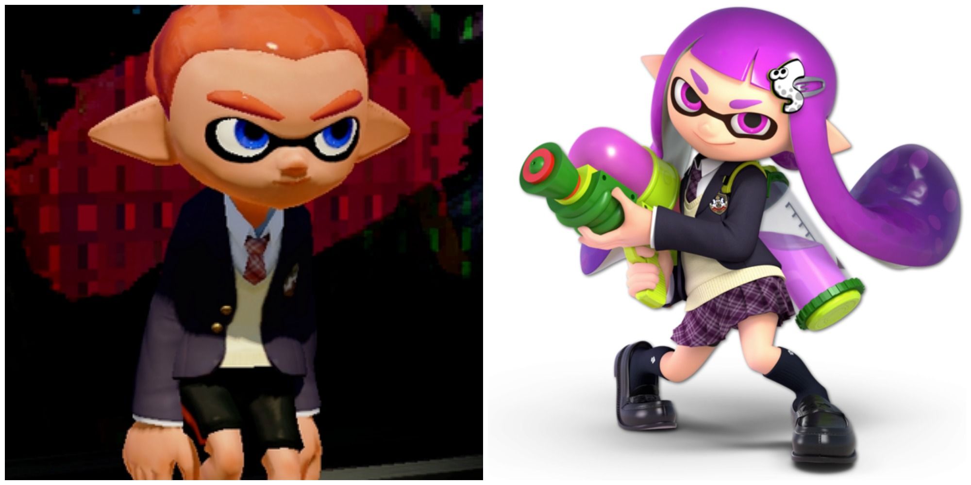 Split image of a male Inkling wearing School Uniform, and a female Inkling wearing School uniform posing with a weapon