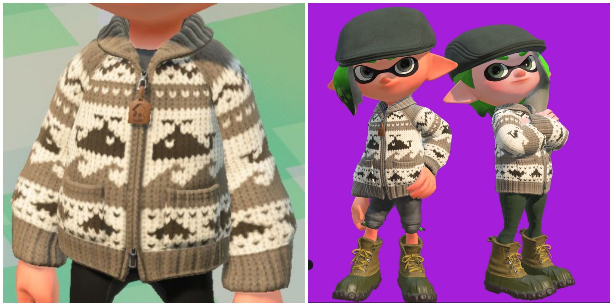 Split image of front of Whale Knitted Sweater and two green-haired Inklings wearing sweater against a purple background