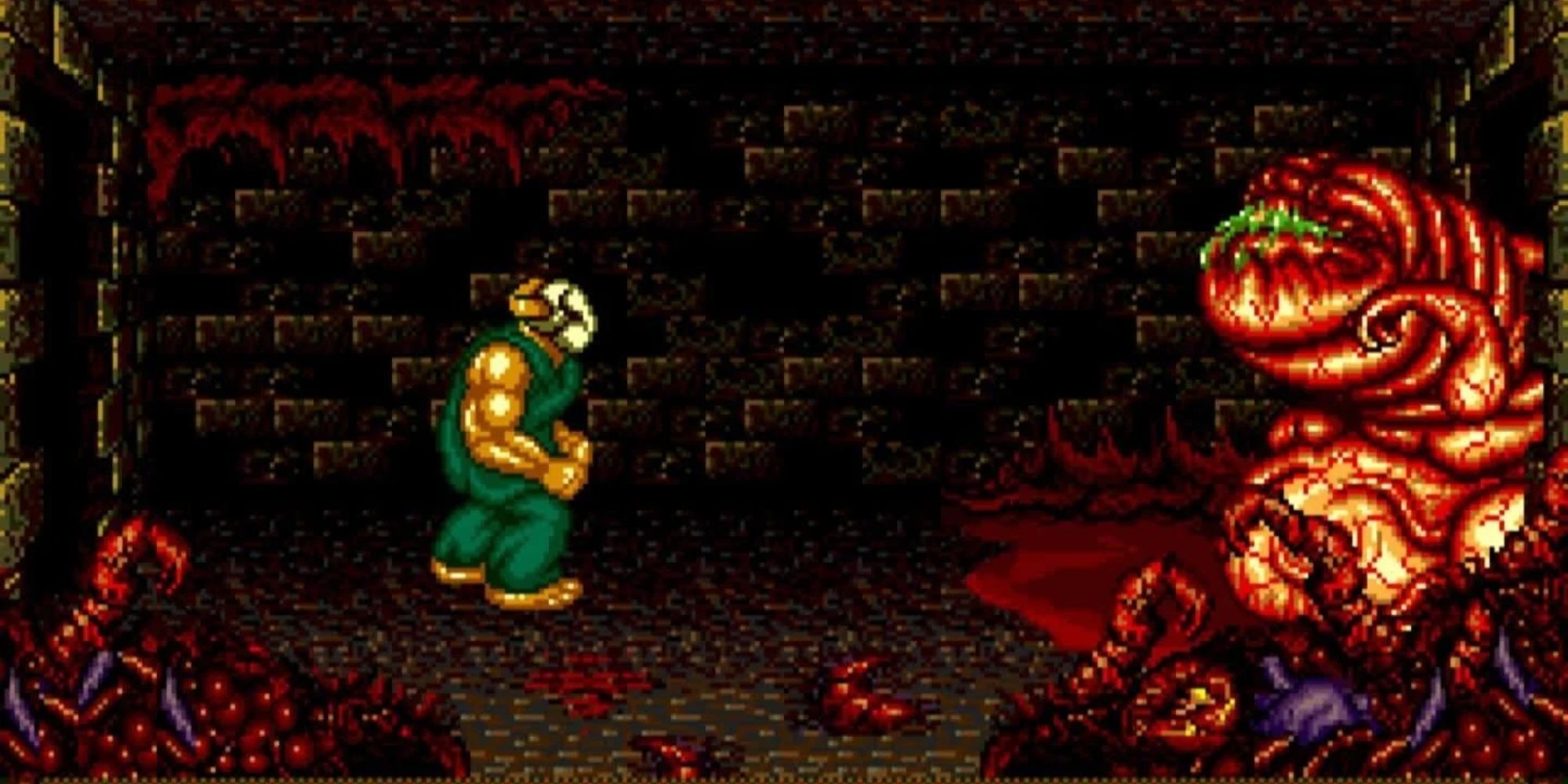 Splatterhouse retro side-scrolling gameplay of boss battle