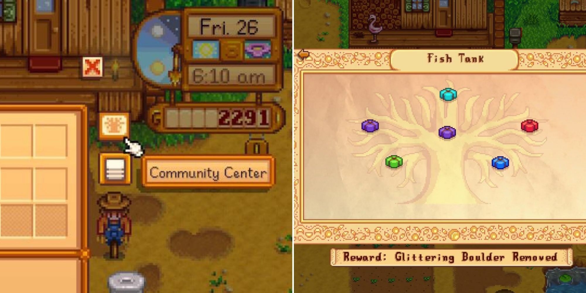 The Community Centre button in the inventory menu and the Community Centre fish tank menu in Stardew Valley
