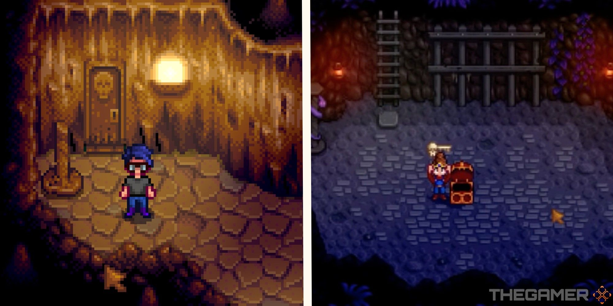 image of player standing at entrance of skull cavern, next to image of player holding skull key