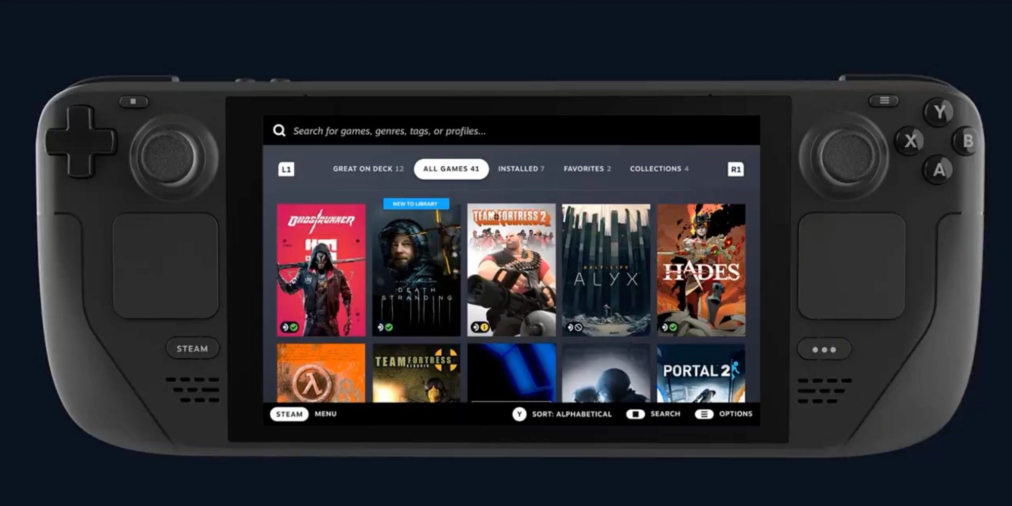 A Steam Deck showing the All Games tab of a player's library.